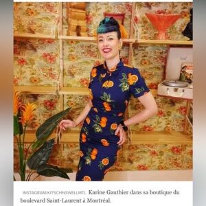 Collectif London Mirtilla Oranges Pencil Dress Blue Retro Rockabilly Size S UK10